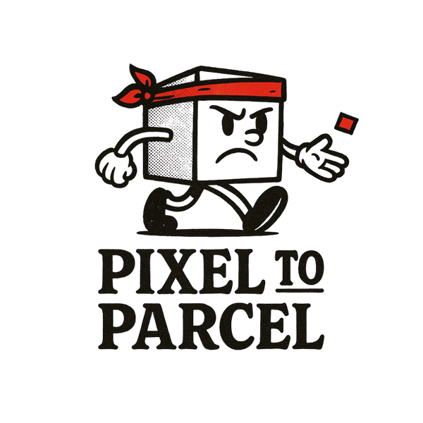 Cartoon box character with a red ribbon and angry expression, with 'Pixel to Parcel' text below.