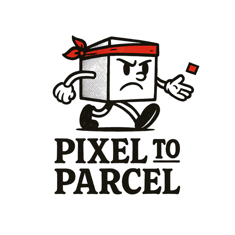 Cartoon box character with a red ribbon and angry expression, with 'Pixel to Parcel' text below.