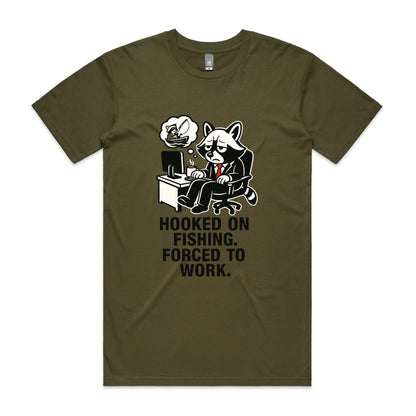Hooked on Fishing. Forced to Work. – Raccoon Tee
